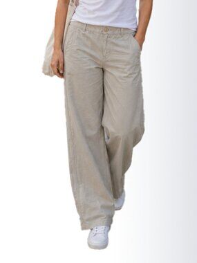 Vintage Y2k Wide Leg Pants Low Rise Linen Cotton Khaki Patch Pocket Trouser